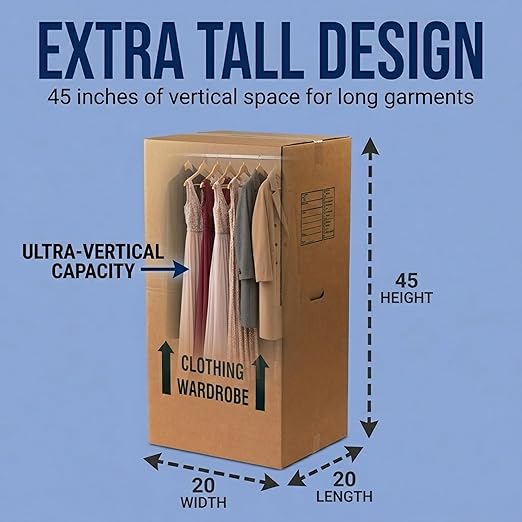 BOX USA Heavy-Duty Tall Wardrobe Moving Boxes with Hanger Bars (3-Pack) – 20″L × 20″W × 45"H – Extra-Tall 275#/ECT-48 Double-Wall Corrugated Boxes for Clothes, Coats & Dresses