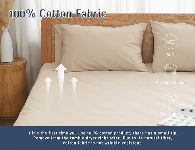 Pillow Cases, King Size Cotton Percale Weave Pillowcases, Pre-Shrunk Breathable and Hypoallergenic Pillowcases, Set of 2 (2 Piece King 20 Inch x 40 Inch, Sandshell)