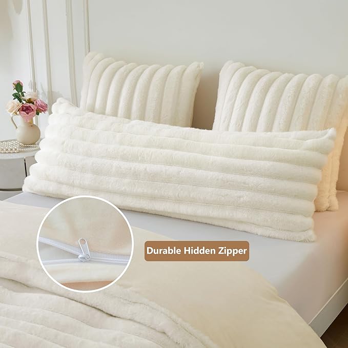 MEGO Luxury Faux Rabbit Fur Body Pillow Cover, Fulffy Cozy Plush Fuzzy Striped Ivory Bed Pillowcase 20x54 with Zipper, Home Decor Furry Bedroom Long Pillow Cover for Pregnancy Side Sleeper, Beige