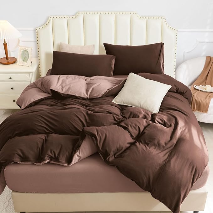 PURE ERA Jersey Knit Duvet Cover Set 100% T-Shirt Cotton Super Soft Comfy 3pc Bedding Set with Zipper Closure (Petal Pink/Dark Brown, Queen, 90"X90")