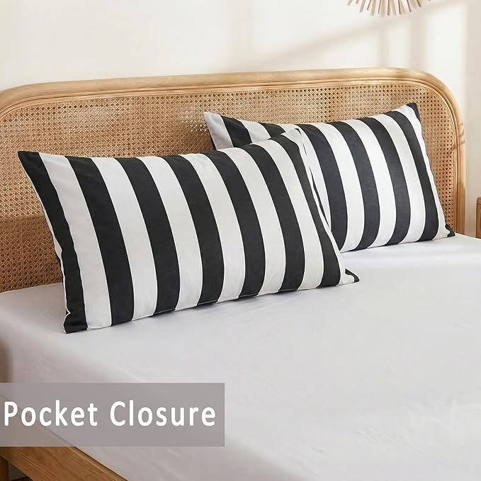 Merryword King Size Pillowcases, 100% Cotton Pillow Cases, Black and White Striped Pillowcases, Soft Breathable Wide Stripes Pillow Covers, Set of 2