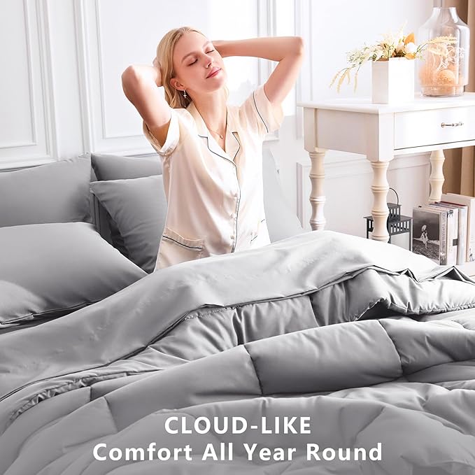 CozyLux King Size Comforter Set Grey, 7 Pieces Bed in a Bag, Gray Comforter King Size, All Season Bedding Sets with Stitch Quilted Comforter, Flat Sheet, Fitted Sheet, Pillowcases