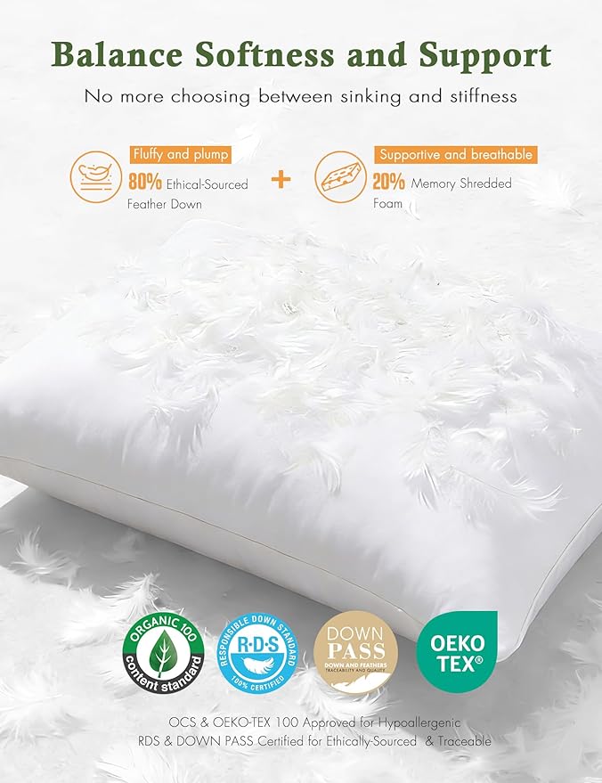 TOPGREEN Feathers Down Outdoor Pillow Inserts 20x20 (Set of 2, White), 100% Organic Cotton Shell, Fluffy Soft Water-Resistant Throw Pillows for Sofa, Patio Furniture and Garden