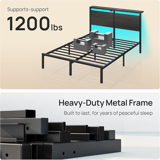 Rolanstar Full Bed Frame with Headboard, Bed Frame Full with LED Lights, Camas Full Size Bed with Charging Station, Solid Metal Slats, Noise Free, No Box Spring Needed, Black