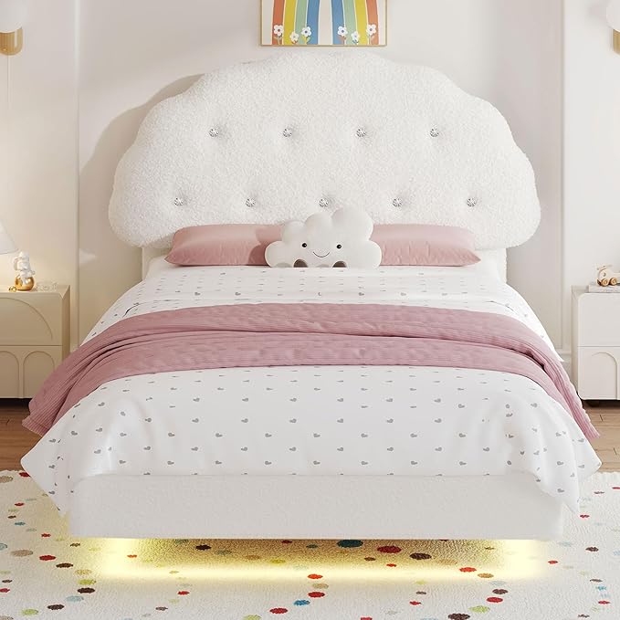 Cookie Full Upholstered Bed Frame with LED Lights, Floating Bed Frames with Adjustable Headboard and Raised Footboard for Princess/Prince Bedroom, Teddy Velvet（White）