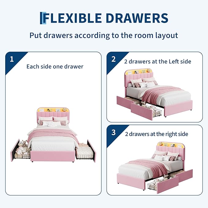 GarveeHome Twin XL Bed Frame with Storage Headboard, Kids Bed Frame with 2 Drawers, Velvet Upholstered Platform Bed Frame with Lights, No Box Spring Needed, Easy Assembly, Velvet Pink