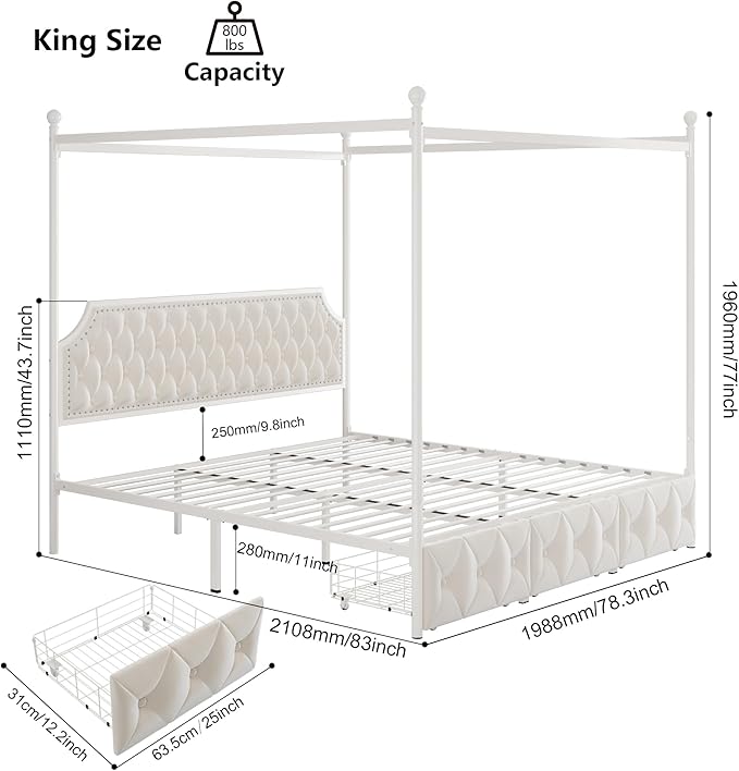 Keyluv King Upholstered Canopy Bed Frame with 3 Drawers and Button Tufted Headboard, Metal Platform Bed with 4 Removable Posts, Two-Purpose Velvet Bed No Box Spring Needed, Beige/Curtains Not Included