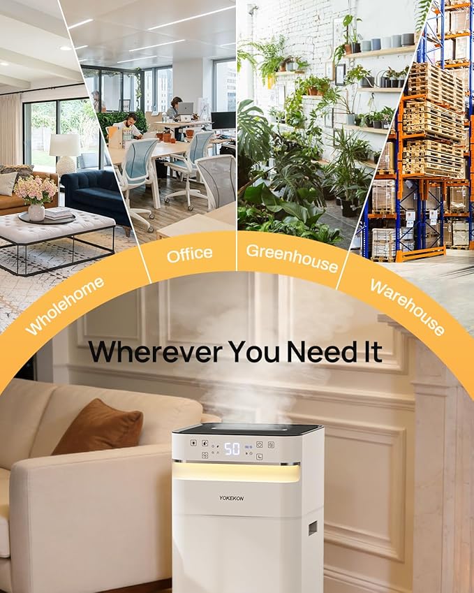 YOKEKON Humidifier Large Room 5.8Gal/22L, 2500 sq.ft. Cool Mist Humidifiers for Home Bedroom with Flame & Night Light, Top Fill Whole House Humidifier with Extension Tube, Plants, Kids, Adults, White