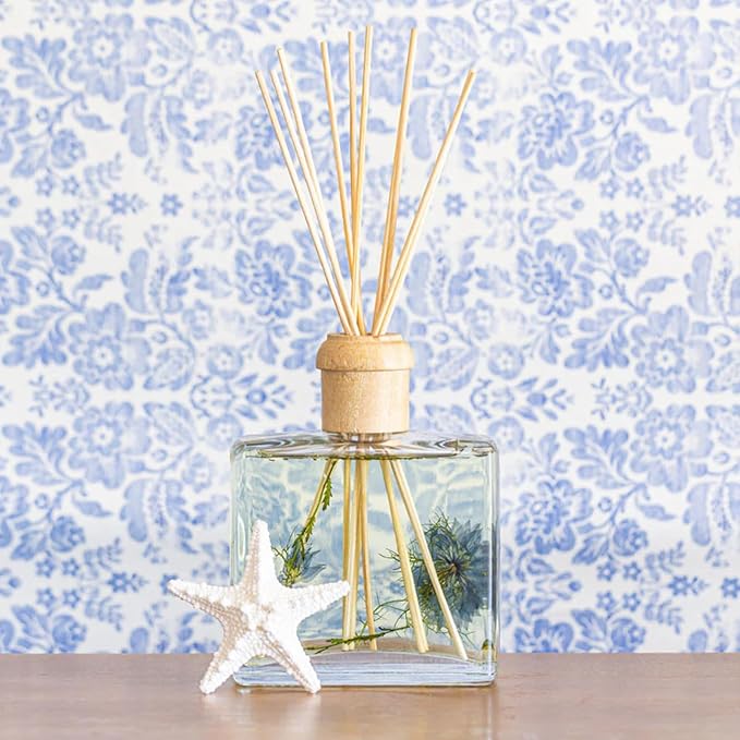 Rosy Rings Sea Salt Mist Signature Diffuser, Single Piece, 13 oz Lasts 9-12 Months Square Glass Reed with Floral Embedded Flowers Coastal Aroma, Bathroom Livingroom Spa Decor Luxury Gift