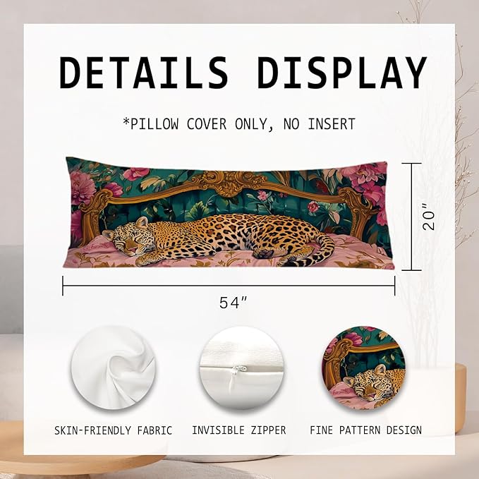 Vintage Leopard Floral 20x54 Body Pillow Cover, Cheetah Room Decor, Trendy Retro Sleepy Leopard Pink Flowers Decorative Long Body Pillow Cases for Bed Couch