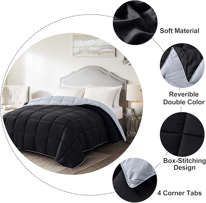 Homelike Moment California King Comforter - Black Duvet Insert Down Alternative Bed Comforter, Lightweight Bedding Comforters Cal King Size Quilted Soft All Season Reversible Black/Light Grey