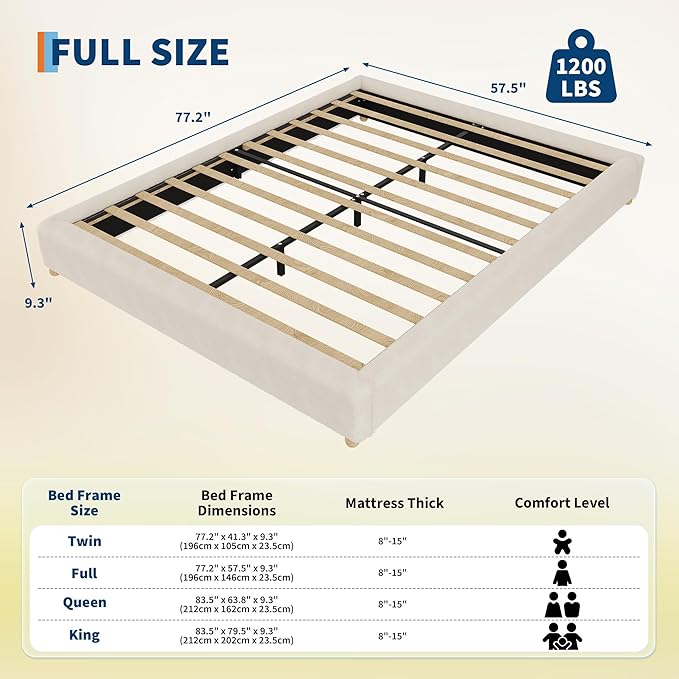 Full Size Cloud Bed Frame，Teddy Fleece Low Bed Frame Without Headboard, Thick Boucle Fabric Upholstered Platform Bed, Solid Wood Legs, No Box Spring Needed, Never Squeak, Easy Assembly, Cream