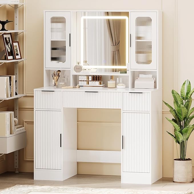 Garvee Vanity Desk with Mirror and Light, Modern Makeup Dressing Table with Adjustable 3 Colors Light, Vanities for Bedroom with 2 Glass Cabinets, 2 Large Cabinets, 3 Drawers & Storage Shelves, White
