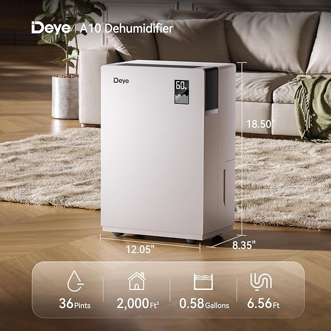 Deye Smart Dehumidifier for Home and Basement, 36 Pints/Day, ENERGY STAR Certified, 33dB Quiet, Dual LED Display & App Control, Auto Shut-Off & Restart