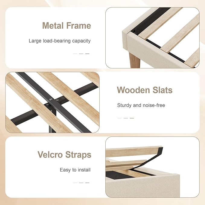VECELO Twin Size Bed Frame, Upholstered Platform Bedframe with Height Adjustable Plush Fabric Headboard, Strong Wood Slat Supports, No Box Spring Needed, Beige