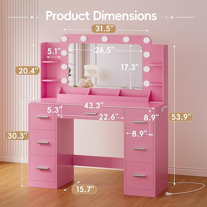 Furmax Vanity Desk with Hollywood Style Mirror with LED Lights, Makeup Table Vanity with 2 AC Outlets and1 USB＆1 Type-C Port, Adjustable Lighting, Modern Ample Storage Drawers Dressing Table (Pink)