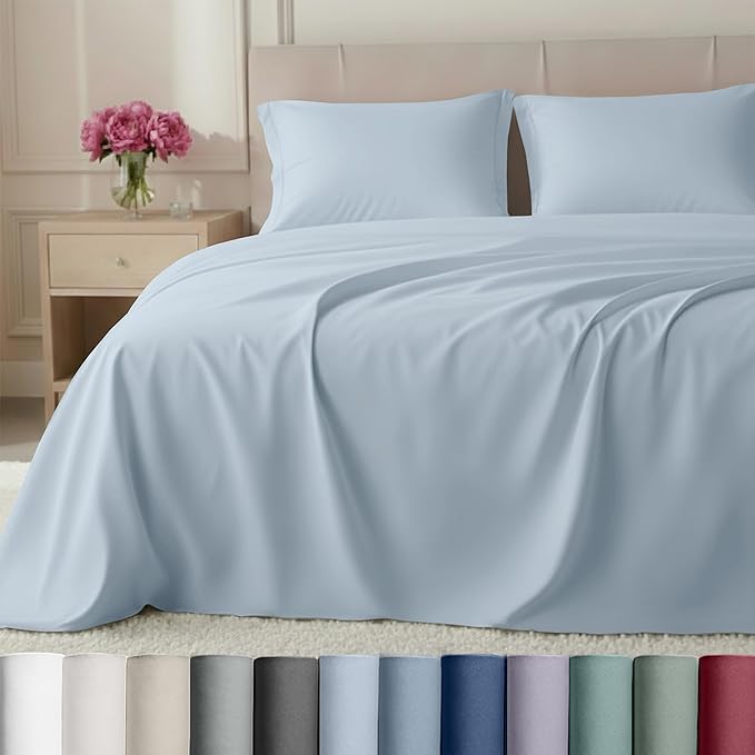 California Design Den Cotton Bed Sheets Queen Size Set - Luxury Hotel 800 Thread Count Sateen, Natural 100% Cotton Sheets Queen Size Set, Durable Deep Pockets Bedding Set - Blue (Grey Tone)