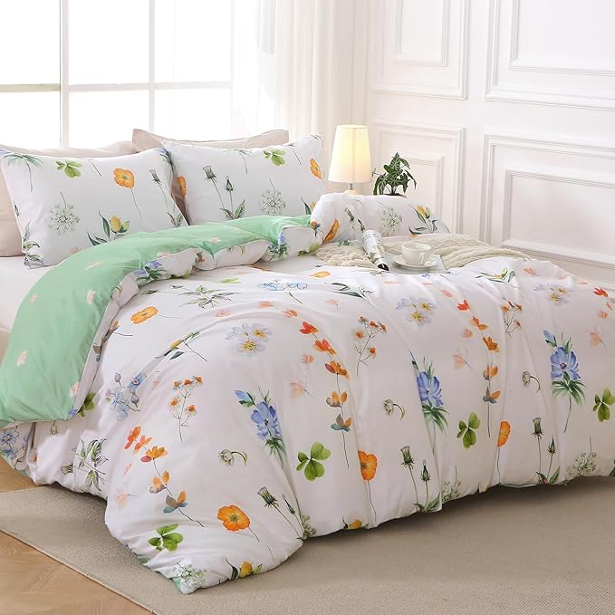 MUXHOMO Duvet Cover Queen Size, Reversible Floral Multicolor Duvet Cover Set with Zipper Closure, 3 Pieces Botanical Patterns Soft Microfiber Bedding Set with 4 Ties (90"x90", 2 Pillow Cases)