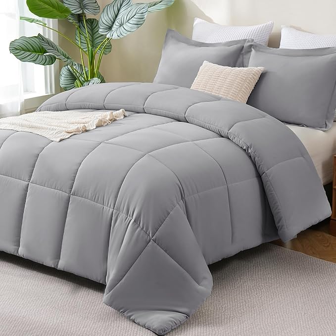 CozyLux Full Size Comforter Sets - 270GSM Grey Bedding Sets for All Seasons, 3 Pieces Box Stitched Bed Set with 1 Down Alternative Comforter and 2 Pillow Shams, Soft, Lightweight, Breathable