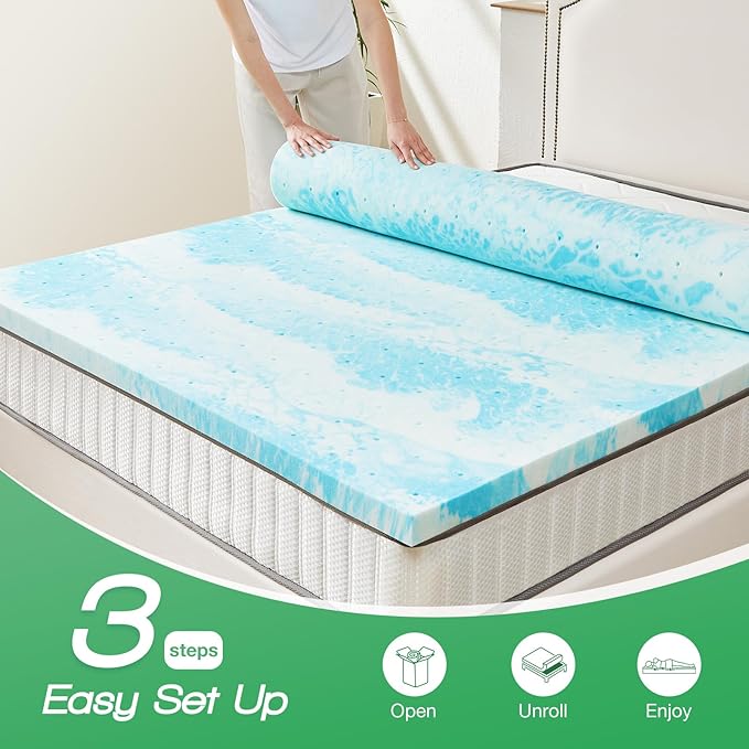 Sweetcrispy Mattress Topper Twin,3 Inch Thick Memory Foam Gel Infused Cooling Toppers Pad for Twin Size Bed, Sleeper Sofa, RV, Camper, CertiPUR US Certified, Ventilated and Breathable, Blue