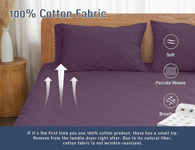 Pillow Cases, Standard Queen Size Cotton Percale Weave Pillowcases, Pre-Shrunk Breathable and Hypoallergenic Pillowcases, Set of 2 (2 Piece Standard/Queen 20 Inch x 30 Inch, Dark Purple)