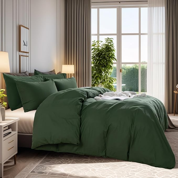 NEXHOME PRO Duvet Cover Set Super King Size, Linen Look Textured Organic Natural 100% Washed Cotton Duvet Cover Forest Green 3 Pieces Bedding Set with Zipper, Breathable(108"x98", No Comforter)