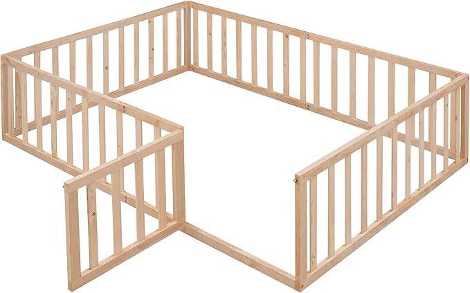 Bellemave Full Size Montessori Floor Bed with 21.7" High Rails, Pine,Plywood Floor Bed with Small Door, Natural