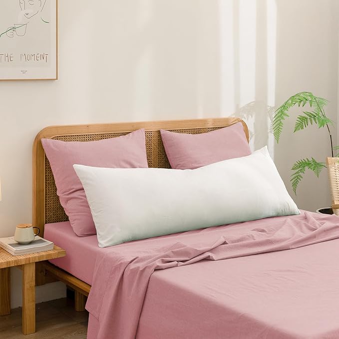 BESTOUCH 100% Washed Cotton Pillowcase for Hair and Skin Linen Feel Soft Comfortable Breathable 2 Set Pillow Case with Envelope Closure Solid Red Pink Euro 26x26 Inches