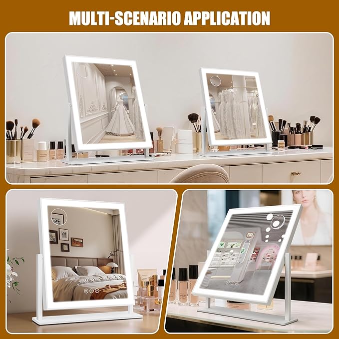 Vanity Mirror with Lights 16.5"x 14.5", LED Makeup Mirror, 3 Color Lighting Modes, 10X Magnification, Smart Touch Control, Dimmable, Aluminum Metal Frame, Lighted Up for Vanity Desk (White)