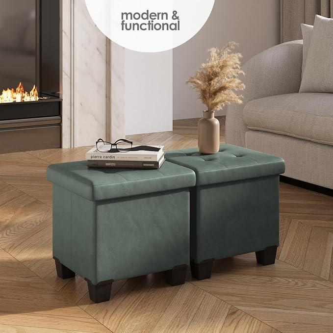Storage Ottoman Cube with Small Bin, 15-in Square Ottoman with Storage for Living Room and Bedroom, Small Ottomans Foot Rest, Leather Foot Stools Ottomans Max 330lbs, Green