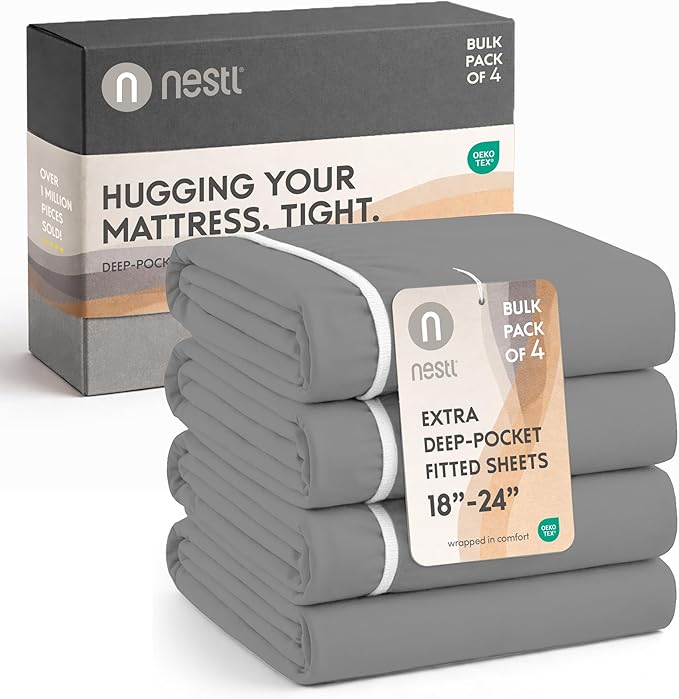 Nestl 4 Pack Grey Fitted Sheet Extra Deep Pocket, Hotel Luxury QueenFitted Sheet Only Easily Fits 18 to 24 Inch Mattress, Super Soft, Wrinkle-Free and Breathable with Corner Straps