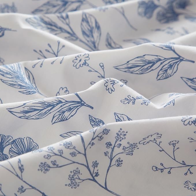 mixinni Garden Style Blue Flowers Leaves Duvet Cover King Size Soft Cotton Floral Printed Bedding Comforter Cover Set for Him and Her-(3pcs, King Size)