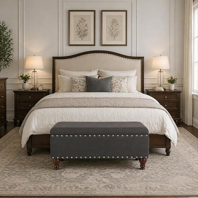 HomePop Large Storage Bench with Nailhead Trim - Charcoal