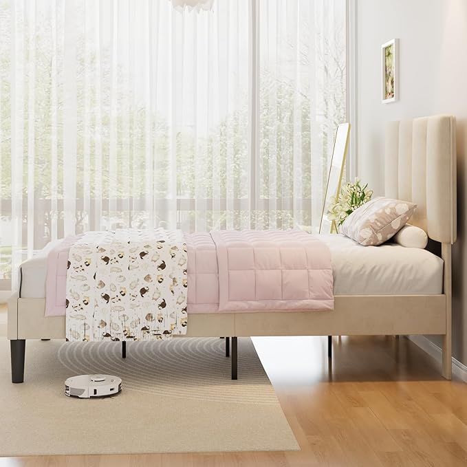 VECELO Twin Size Bed Frame with Upholstered Headboard, Heavy-Duty Bedframe with Wooden Slats & Steel Framework, Easy Assembly, Pale Beige