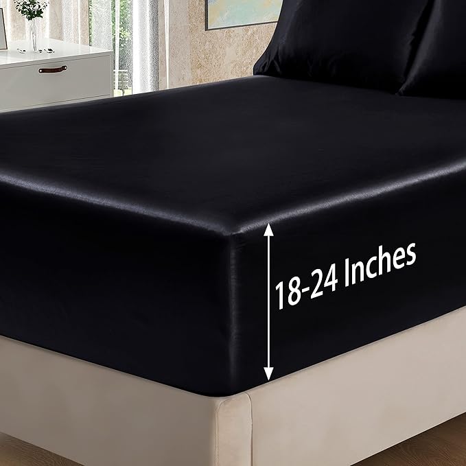 Homiest 4pcs Extra Deep Pocket Satin Sheets - King Size Bed Set, 18-24 Inch Deep Pocket Bed Sheets in Black, Luxury Fitted Sheet Set Fits Ultra Deep Mattress