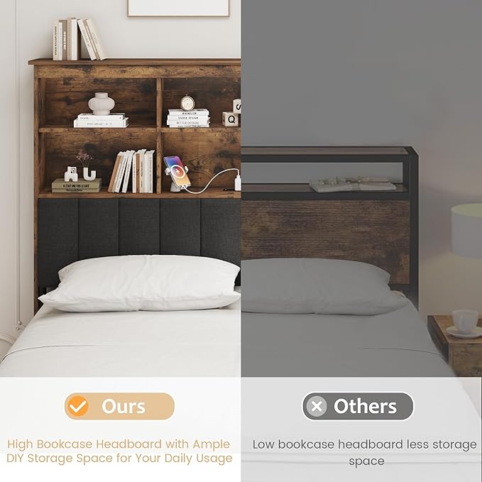HISOFT Full Bed Frame with Headboard, Wood Bed Frame with High Storage Bookcase, 4 Storage Drawers & LED & Charging Station,No Box Spring Needed/Noise Free/All-Metal Support, Vintage Brown