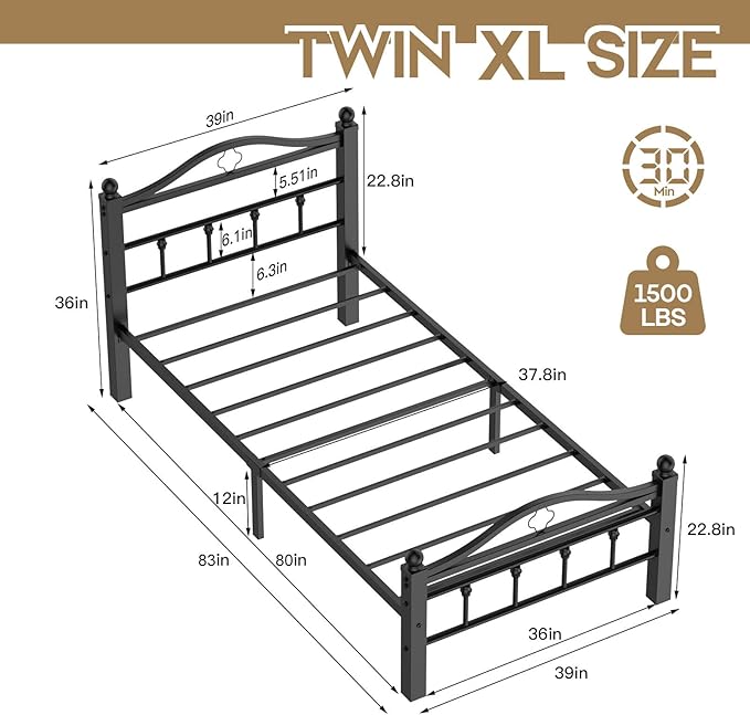 Twin XL Bed Frame with Headboard, 1500LBS Heavy Duty Twin XL Bed with Noise Free Design/12 Inch Under-Bed Storage Space/No Box Spring Needed/Tool-Free Assembly