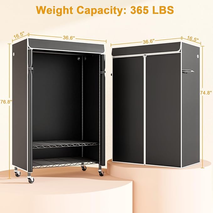 ULIFHOME P6C Rolling Clothes Rack with Cover, Covered Clothing Racks Heavy Duty, Portable Closet for Hanging Clothes, Garment Racks on Wheels, Black Closet Rack with Black Cover, Max Load 365LBS