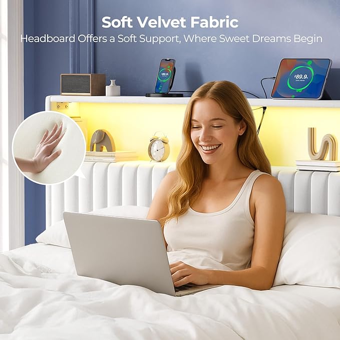 Rolanstar Headboard for King Size Bed with Storage, Head Board with USB & Type C Port, 60,000 DIY Color of LED Light, Velvet Upholstered, Height Adjustable, Sturdy, Easy Assembly, White