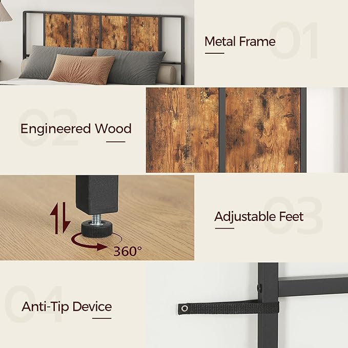 MAHANCRIS Queen Size Headboard Only, Metal Headboard with Adapters, Minimalist Industrial Style for Queen Size Beds, Rustic Brown and Black