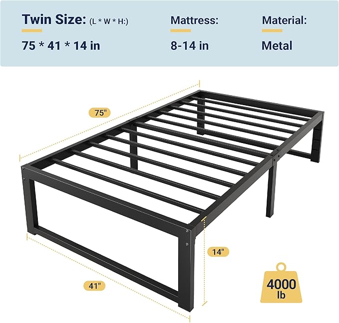 Allewie Twin Bed Frame, 14 Inch Metal Platform Bed Frame with 4000LBS Heavy Duty Steel Slats Support, Noise Free, Easy Assembly, No Box Spring Needed, Black
