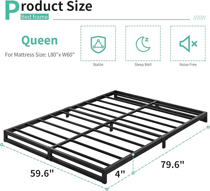 Lutown-Teen 4 Inch Bed Frame Queen Size Heavy Duty Steel Slat Support Metal Platform Queen Bed Frame No Box Spring Needed, Easy Assembly, Black