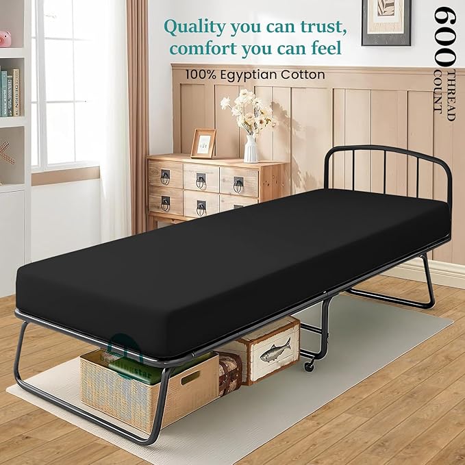 Twin Fitted Sheet 39 x 75 Inches 4" Deep Pocket 100% Egyptian Cotton 600 Thread Count Snug Fit for Trifold Mattress, Narrow Twin, Camp Bunk, Guest Bed, Army Cot Soft & Breathable – Black