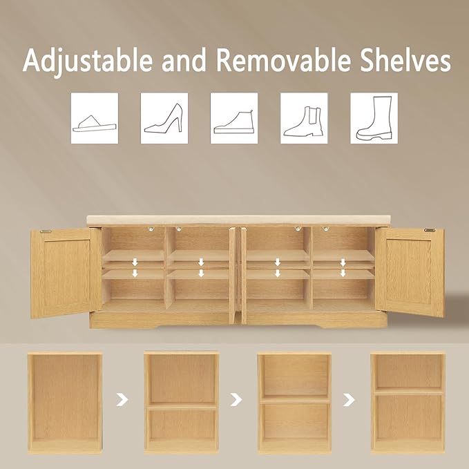 DINZI LVJ Shoe Bench, Entryway Storage Bench with Doors, Cushion, 2-Tier Shoe Rack with 8-Cubby, 47.2”L x 13.8”W Shoe Organizer Cabinet, Adjustable Shelf, Living Room, Bedroom, Natural