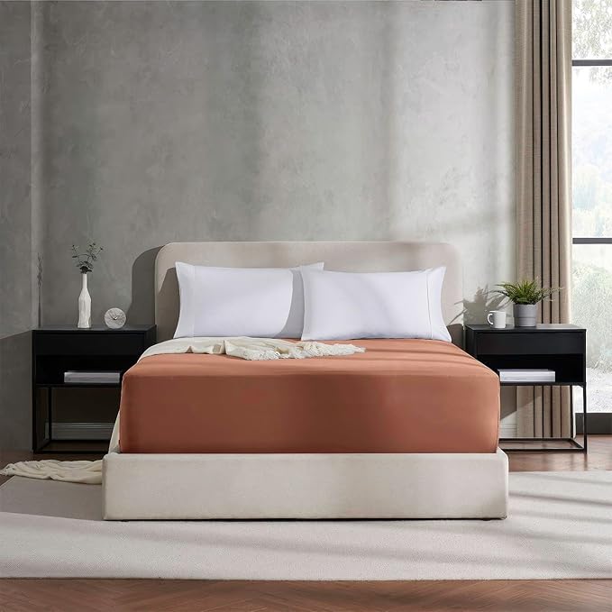 Nestl Rust Extra Deep Pocket Fitted Sheet Full Size, Hotel Luxury Deep Pocket Full Size Fitted Sheet Only Easily Fits 18 to 24 Inch Mattress, Soft, Wrinkle-Free, and Breathable with Corner Straps
