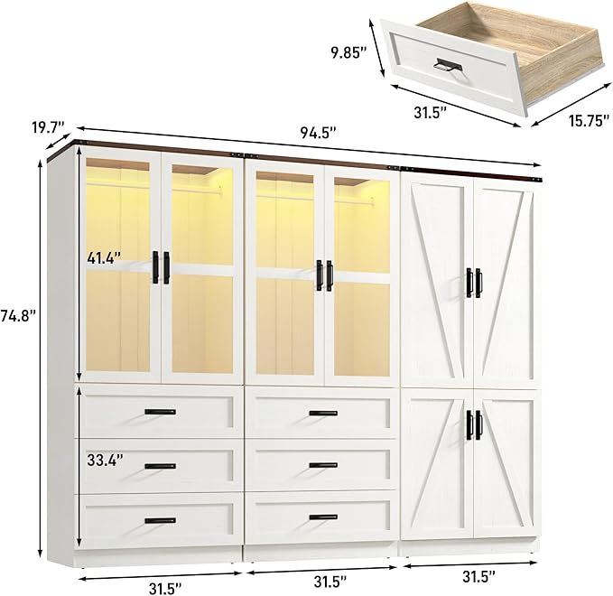 75" Tall Farmhouse 6 Doors Armoire Wardrobe Closet with 3 Drawers and LED,Freestanding Closet Wardrobe Cabinet for Bedroom with Hanging Rod,Wooden Armoire Storage Cabinet(Rustic Off White 6 Doors 2)