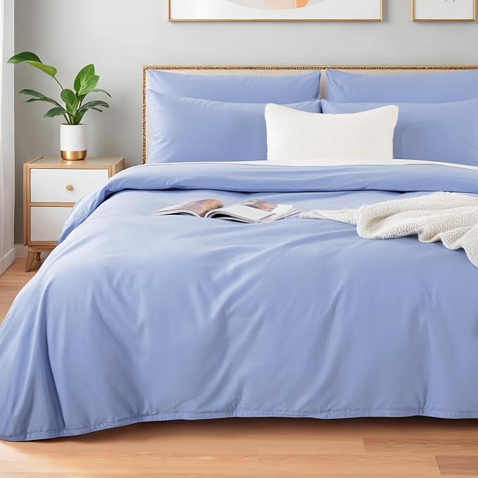 NEXHOME PRO Twin Duvet Cover Set, 100% Washed Cotton with Linen-Like Texture, Natural Organic, Breathable & Comfortable, Includes Home Bedding Set Baby Blue (No Comforter) 6890