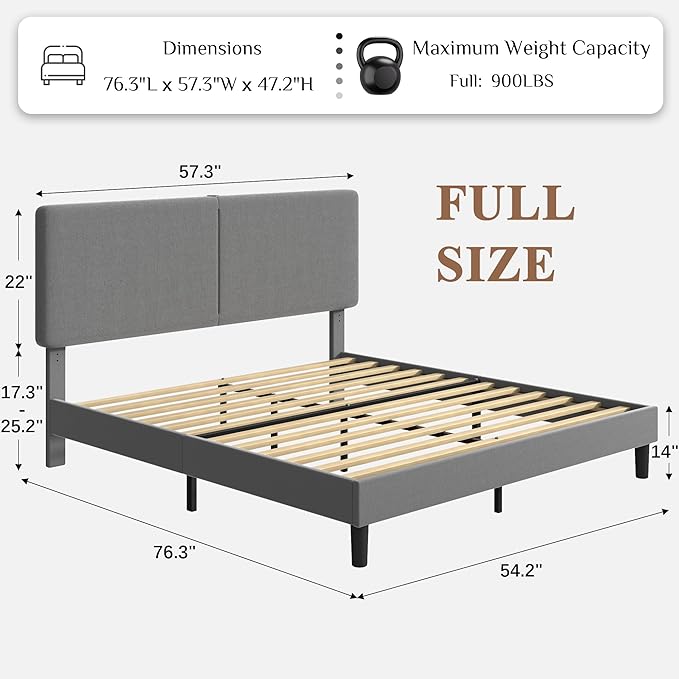 VECELO Full Bed Frame with Type-C & USB Ports, Upholstered Platform Height-Adjustable Cotton and Linen Headboard, No Box Spring Needed, Noise-Free, Easy Assembly, Dark Grey