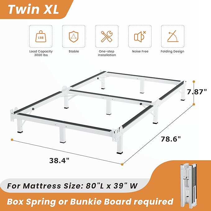 MAF Metal Bed Frame Twin XL, 9-Legs Support Bed Base, 8 Inches Twin XL Bed Frame for Box Spring and Mattress, Basics Bed Frame Headboard Attachable Tool-Free Easy Assembly, White