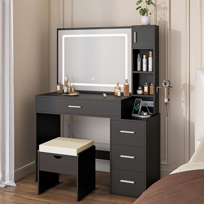 Vanity Desk with LED Lighted Mirror, Sliding Side Cabinet with Expandable Storage, Makeup Table with Drawers & Shelves, Built-in Power Outlet, Vanity Set with Storage Stool for Bedroom (Black)